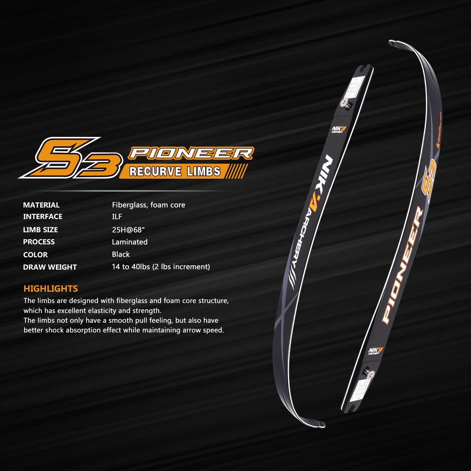 Nika Archery S3 Pioneer Foam Core ILF Recurve Limbs