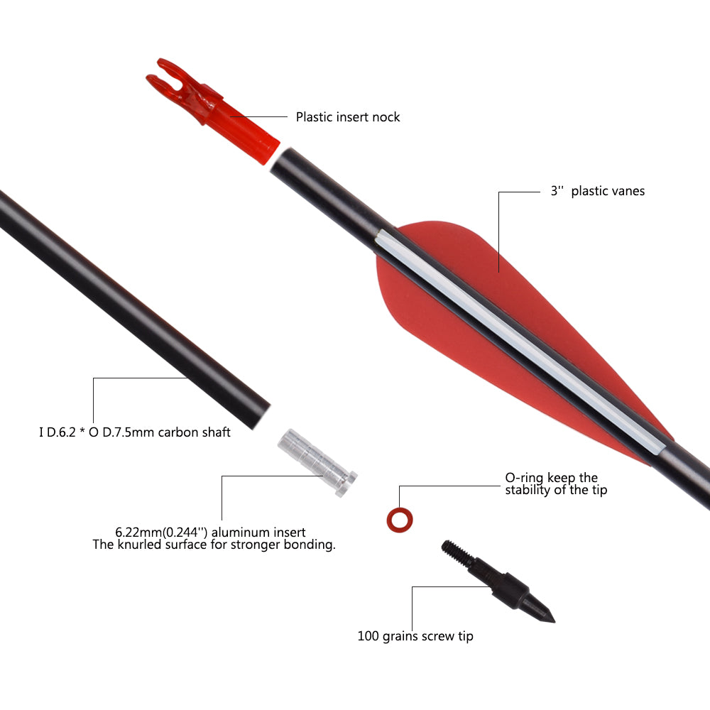 12pcs 28inch Carbon Arrow Archery Target Hunting with 6 Extra Nocks US