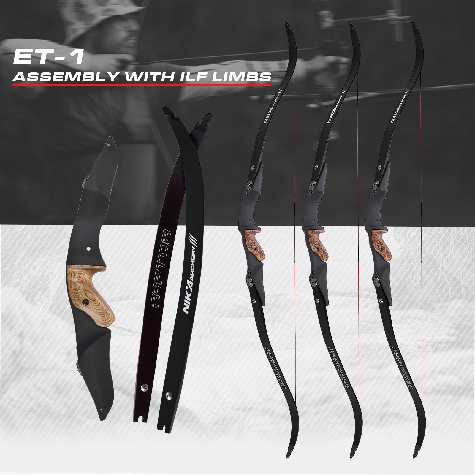 ET-1 60" Recurvebogen 17"ILF Riser mit Raptor 20-55lbs Wurfarm für die rechte Hand