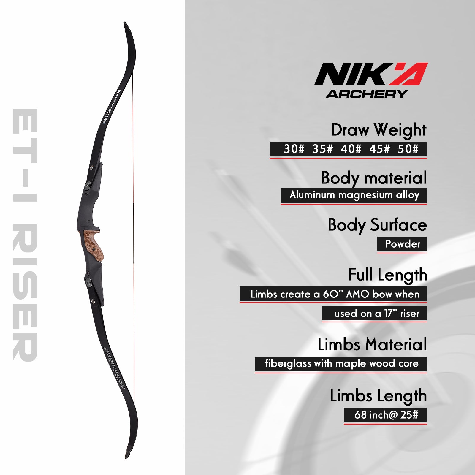 ET-1 60" Recurvebogen 17"ILF Riser mit Raptor 20-55lbs Wurfarm für die linke Hand
