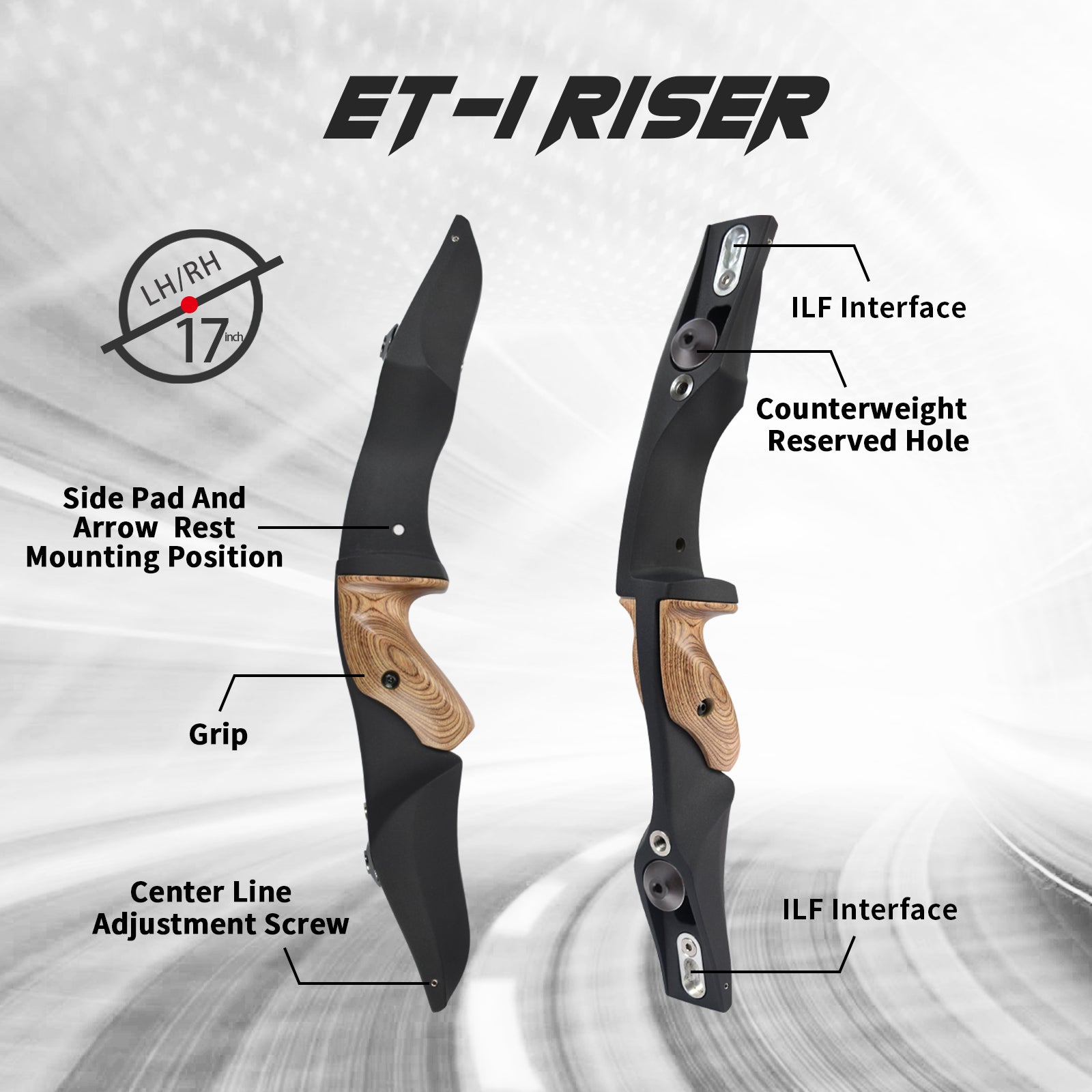 ET-1 60" Recurvebogen 17"ILF Riser mit Raptor 20-55lbs Wurfarm für die rechte Hand