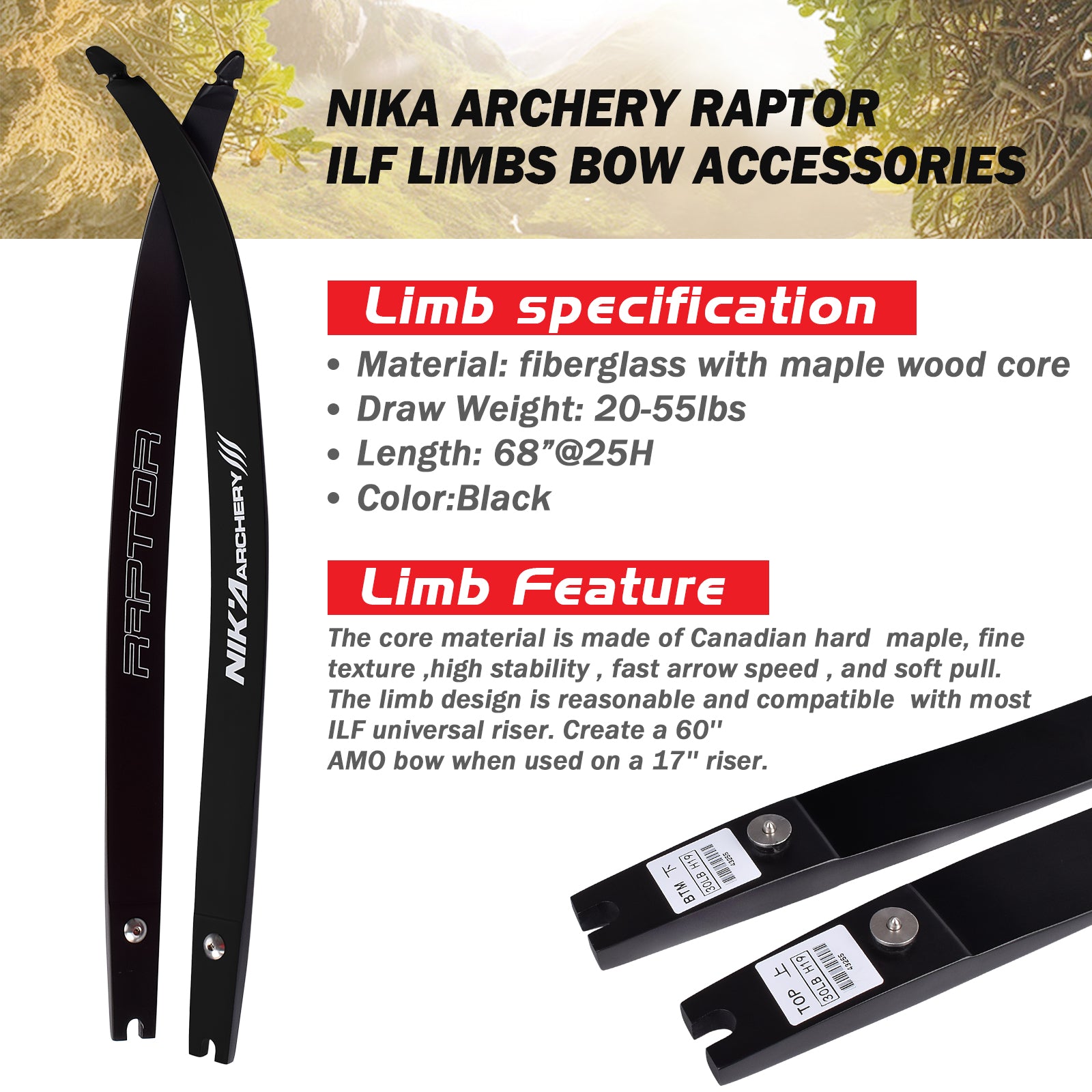 ET-1 60" Recurvebogen 17"ILF Riser mit Raptor 20-55lbs Wurfarm für die rechte Hand