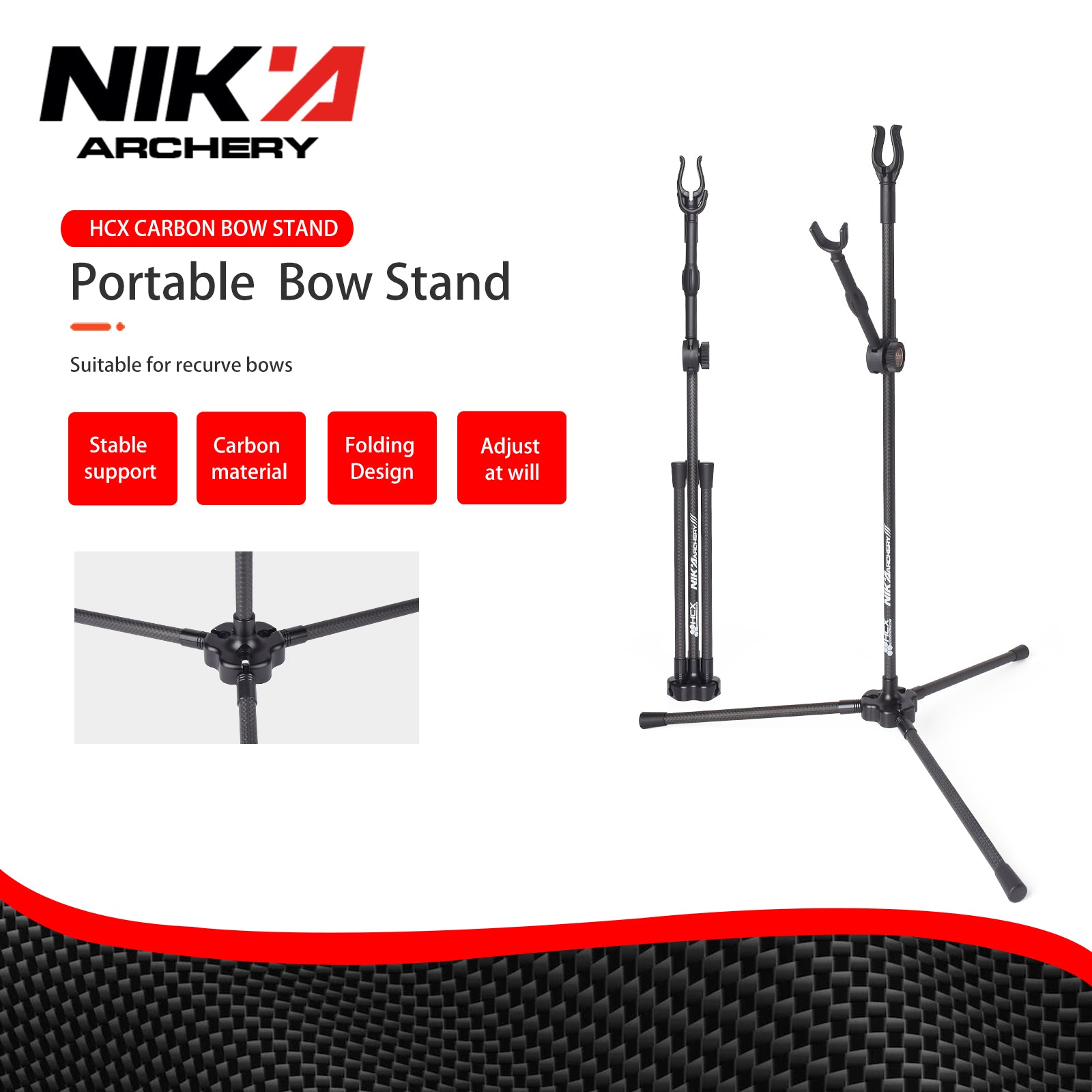 Professioneller ST07 Recurve-Bogenständer aus reinem Carbon-Fiberglas, 3K, faltbar, verstellbar und leichter