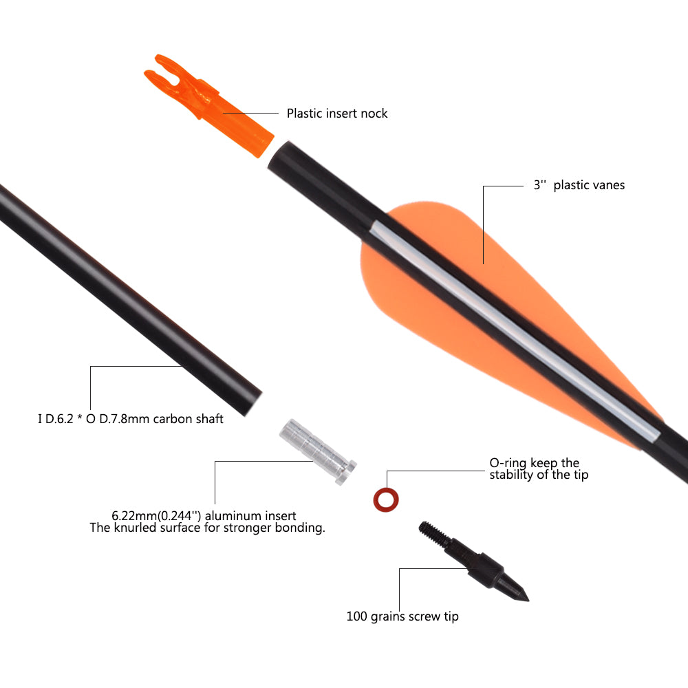 Flechas de carbono para tiro con arco juvenil para arco compuesto, recurvo y tradicional (paquete de 12)