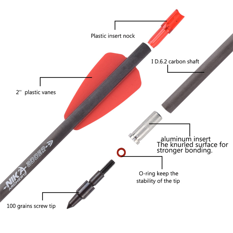 Virotes R9 de 7,5 pulgadas, flechas de carbono de 2 pulgadas, paletas rojas con punta ancha de 100 granos SP350 para tiro de caza