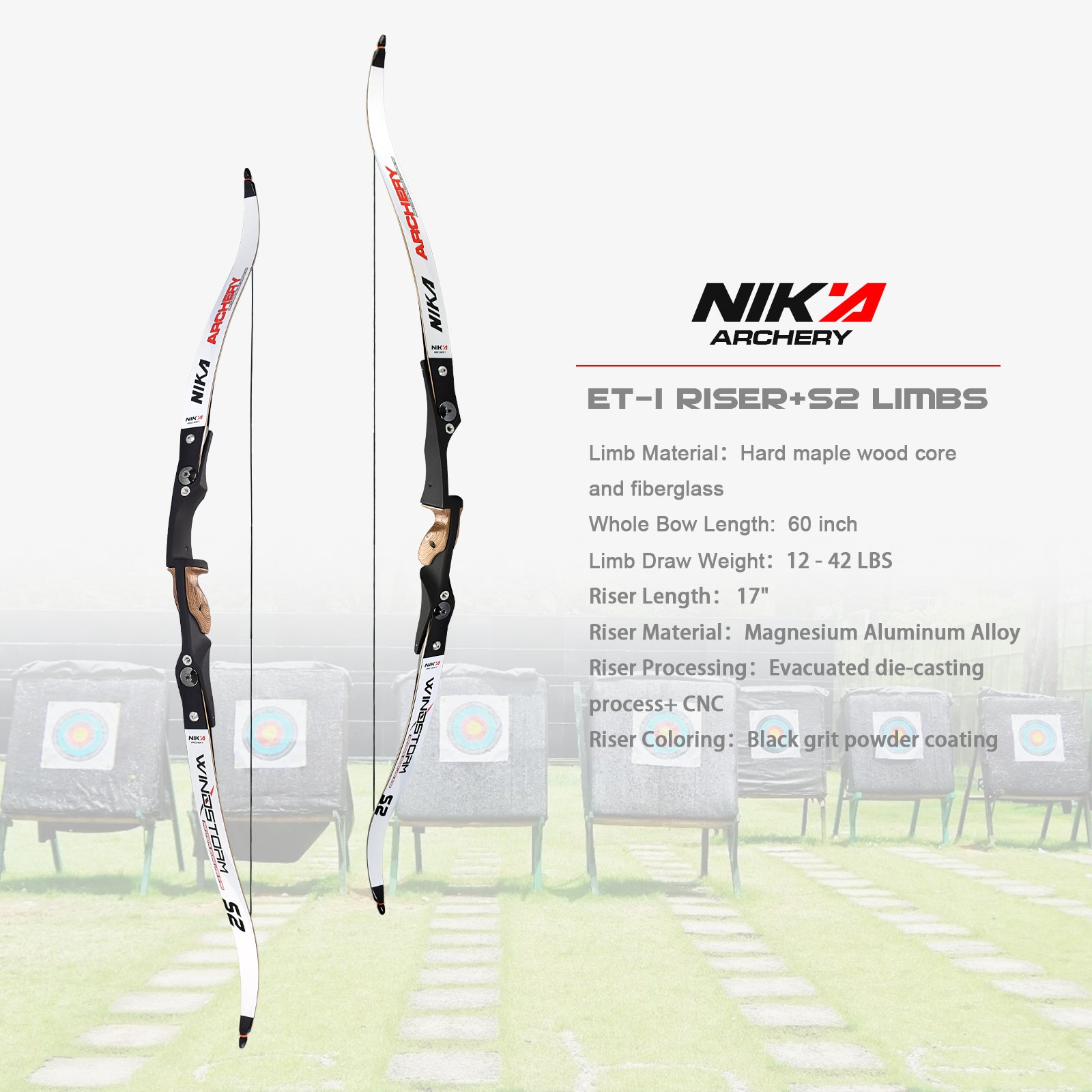 60" Archery Recurve Bow ET-1 ILF Riser Wood Magnesium Alloy Handle with S2 12-42LBS Limb for Right Hand