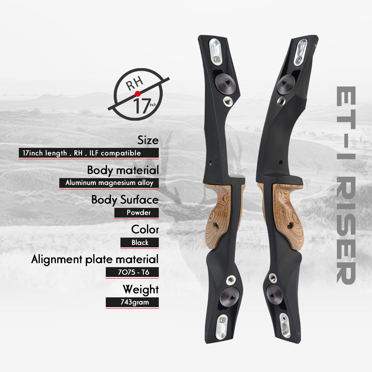 60" Archery Recurve Bow ET-1 ILF 17” Riser with N3 Carbon Fiber Limb R