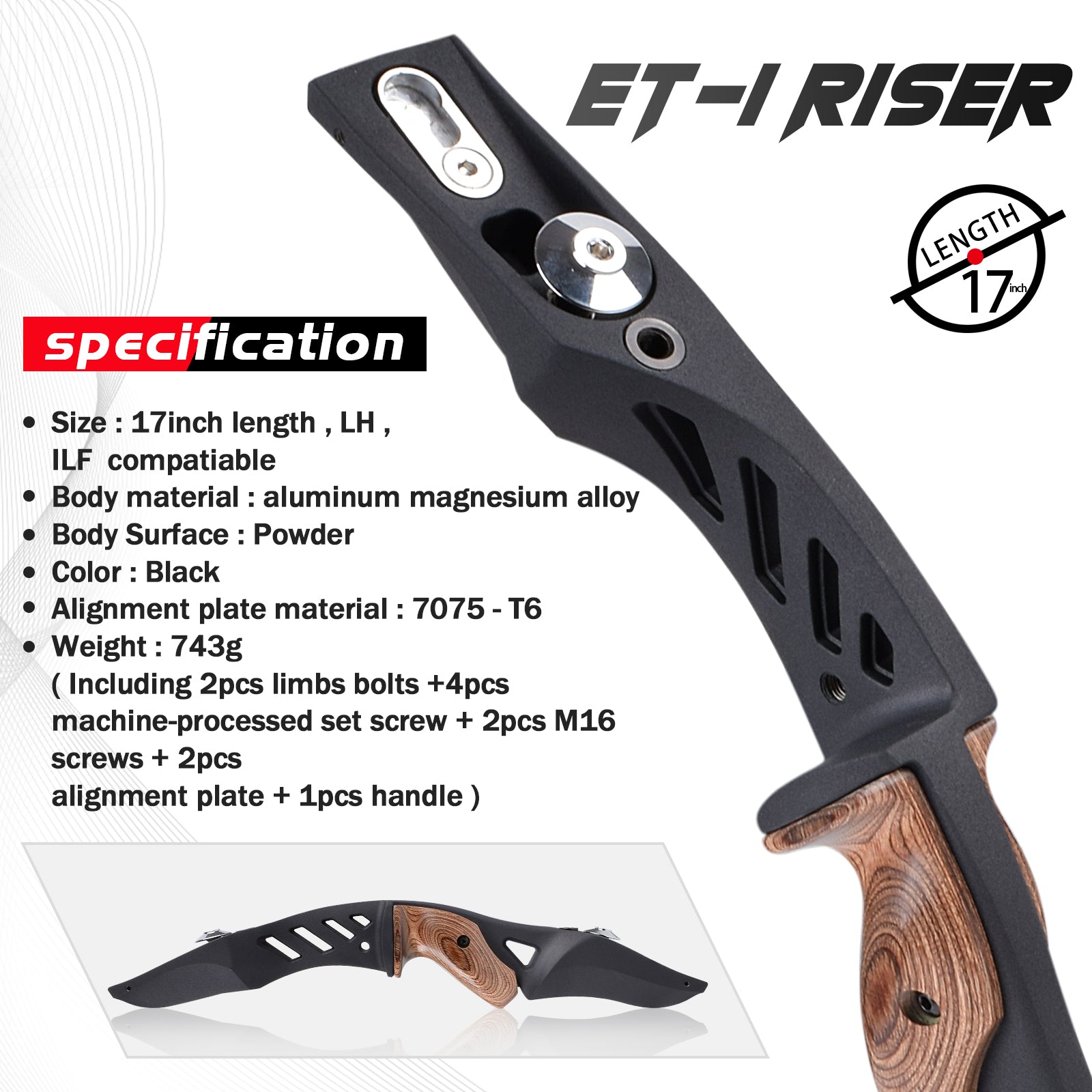 ET1 17 Zoll Bogenschießen ILF Bow Riser Holz Magnesium für die linke Hand 