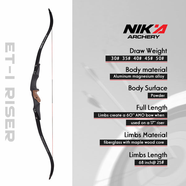 ET-1 60" Recurve Bow 17"ILF Riser with Raptor 20-55lbs Limb for  Left Hand