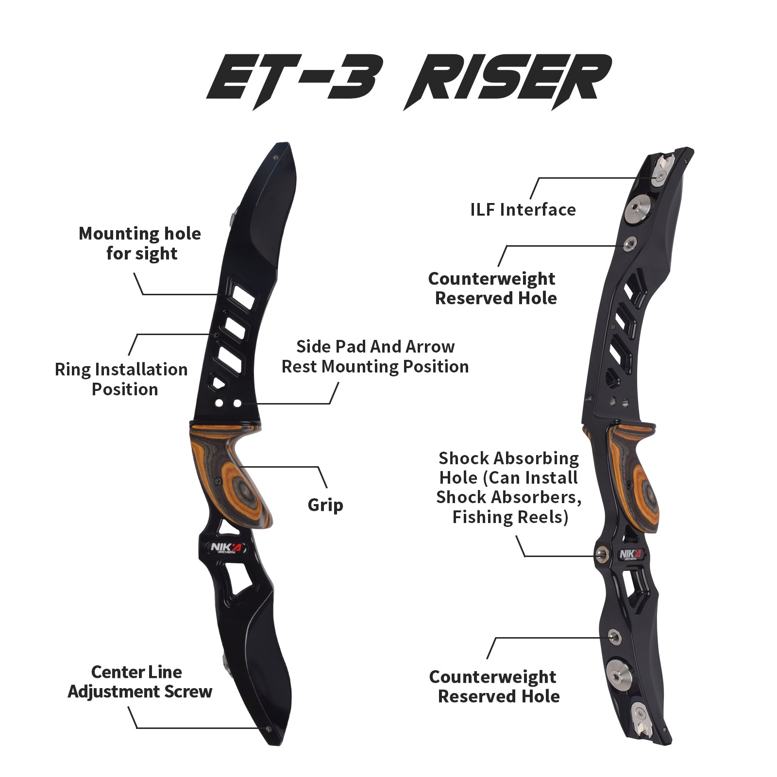 Elevador ET-3 ILF con extremidades laminadas S2, tiro con objetivo de arco recurvo para mano izquierda